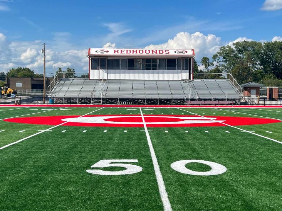 Corbin High School’s $9.3 million renovation of Campbell Field includes a new artificial turf surface that replaced its old Bermuda grass. Next year, the visitors press box, center, will also be redone in addition to new locker rooms.