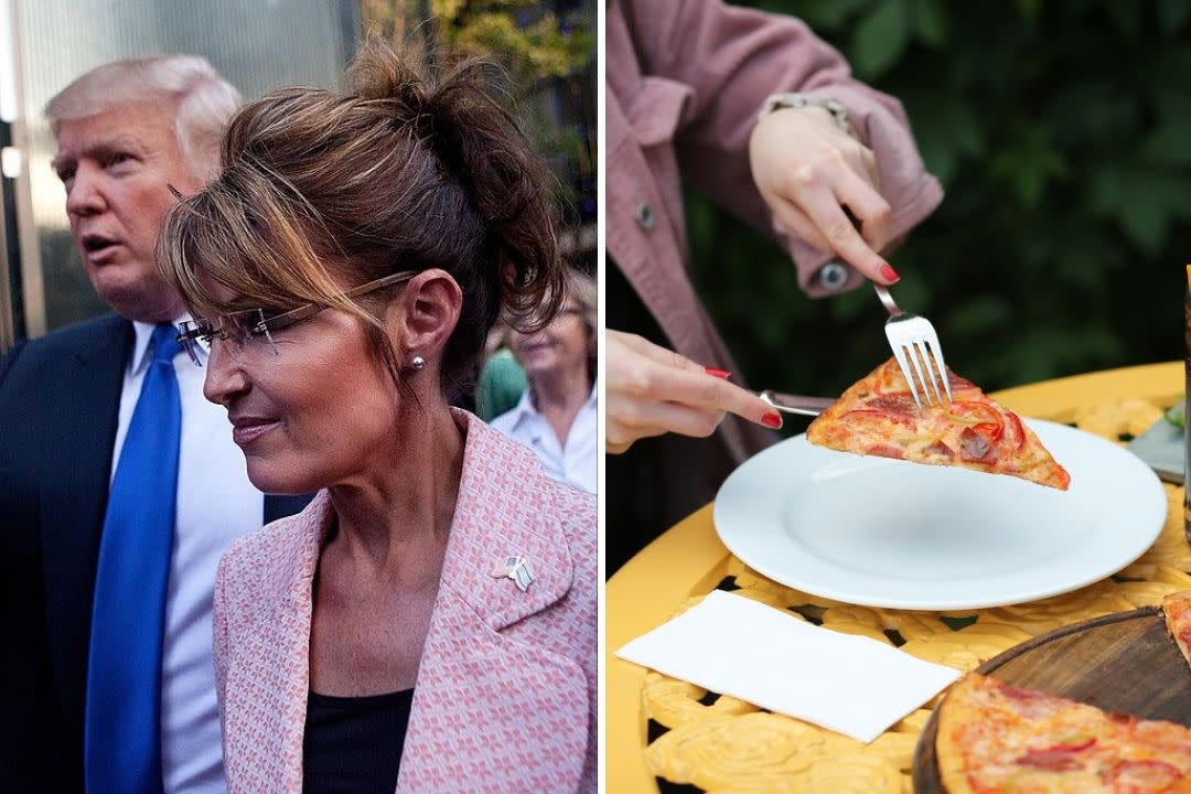 Composite: Sarah Palin and Donald Trump and person eating a slice of pizza with a fork and knife