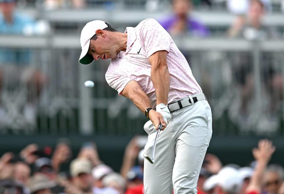Golfer Rory McIlroy hits a tee shot from the 17th tee box during the final round of the Wells Fargo Championship at Quail Hollow Club in Charlotte, NC on Sunday, May 9, 2021. McIlroy scored a 68 on the round and finished at -10.
