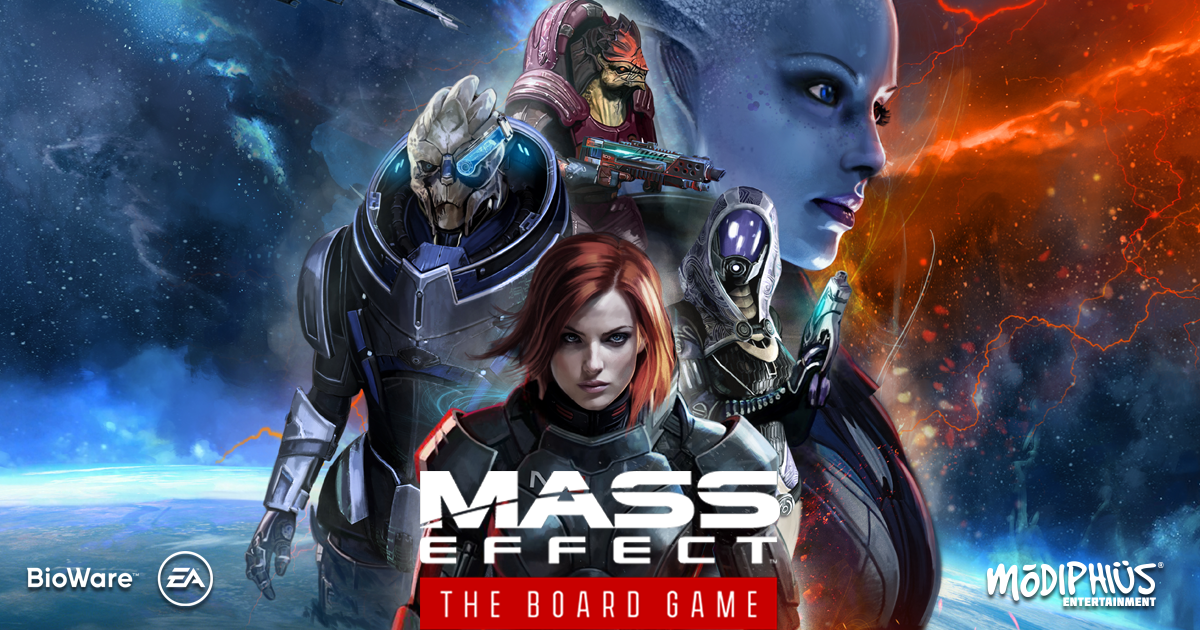  Promotional image for the upcoming Mass Effect board game, featuring female Shephard, Garrus, Tali and Laria . 