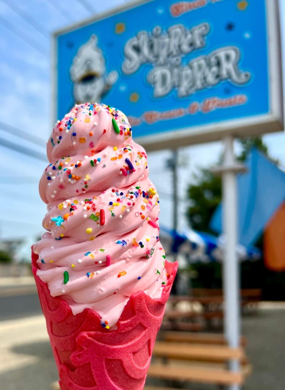 Bubblegum soft ice cream from Skipper Dipper in Long Beach, served in a pink vanilla cone from the famous Konery in Brooklyn.