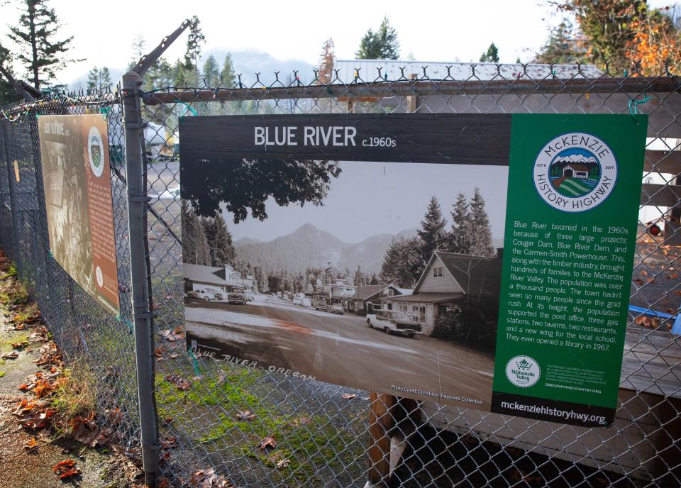 A sign in Blue River shows what the business district looked like in the 1960s.