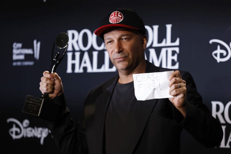 Tom Morello arrives in the press room when Rage Against the Machine are inducted Into Rock & Roll Hall of Fame at the 38th Annual Rock & Roll Hall Of Fame Induction Ceremony at Barclays Center on November 3 in New York City. The band announced its breaking up. File Photo by John Angelillo/UPI