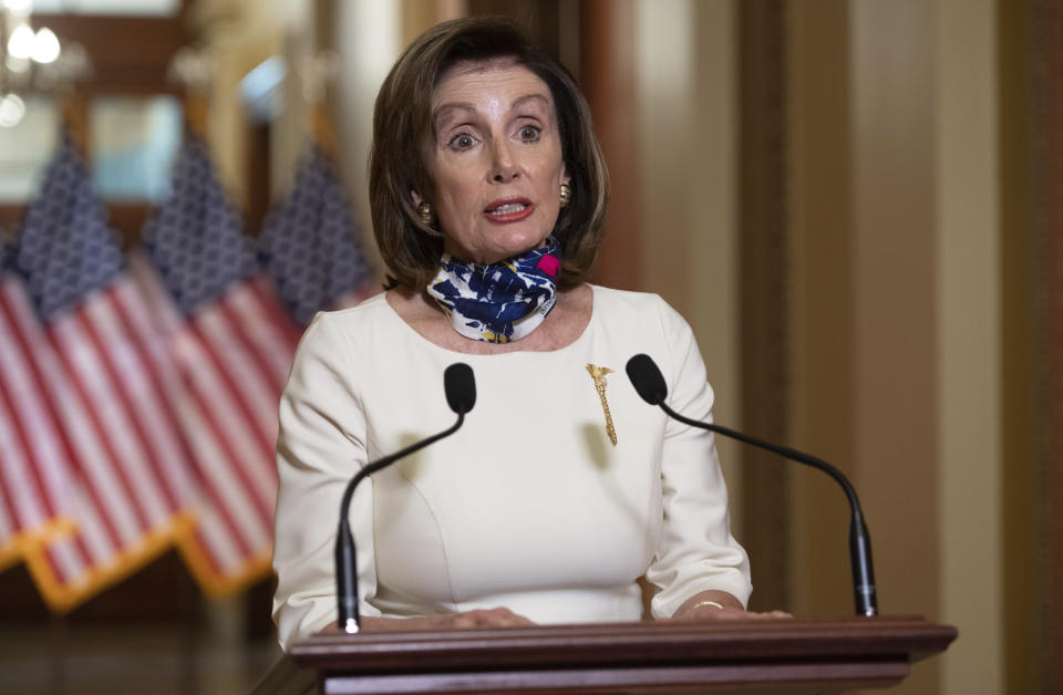 House Speaker Nancy Pelosi of Calif., speaks about the so-called Heroes Act, Tuesday, May 12, 2020 on Capitol Hill in Washington. Pelosi unveiled a more than $3 trillion coronavirus aid package Tuesday, providing nearly $1 trillion for states and cities, “hazard pay” for essential workers and a new round of cash payments to individuals. (Saul Loeb/Pool via AP)