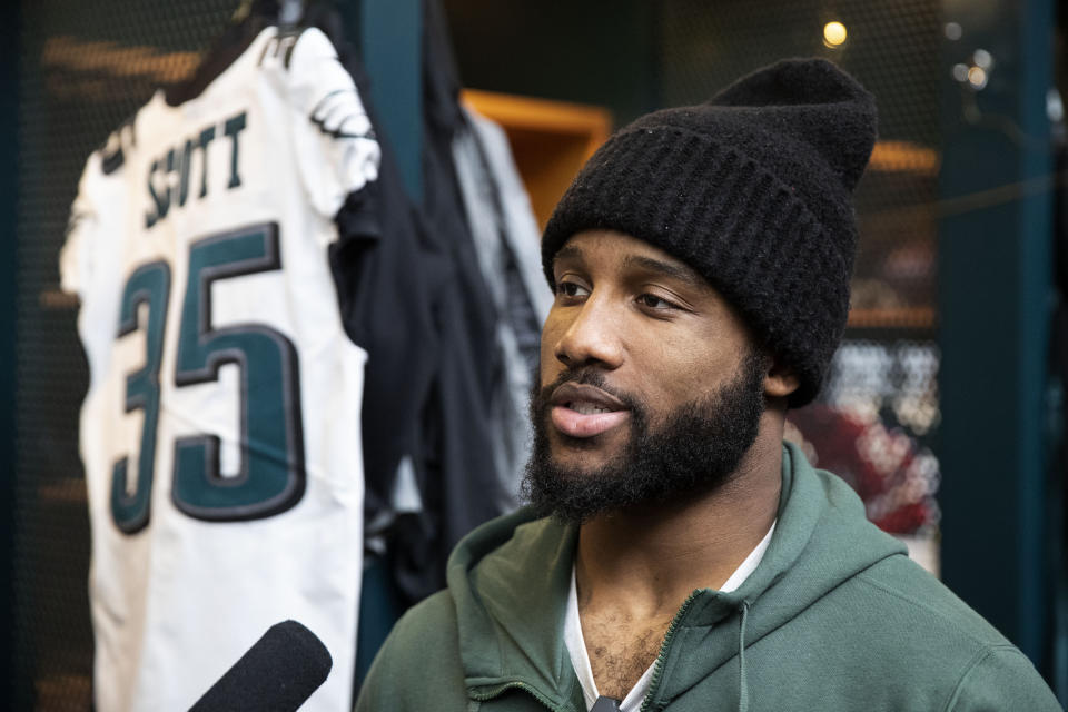 Philadelphia Eagles running back Boston Scott speaks with members of the media at the NFL football team's practice facility in Philadelphia, Monday, Jan. 6, 2020. The Eagles ended their season with a 17-9 loss to the Seattle Seahawks on Sunday. (AP Photo/Matt Rourke)