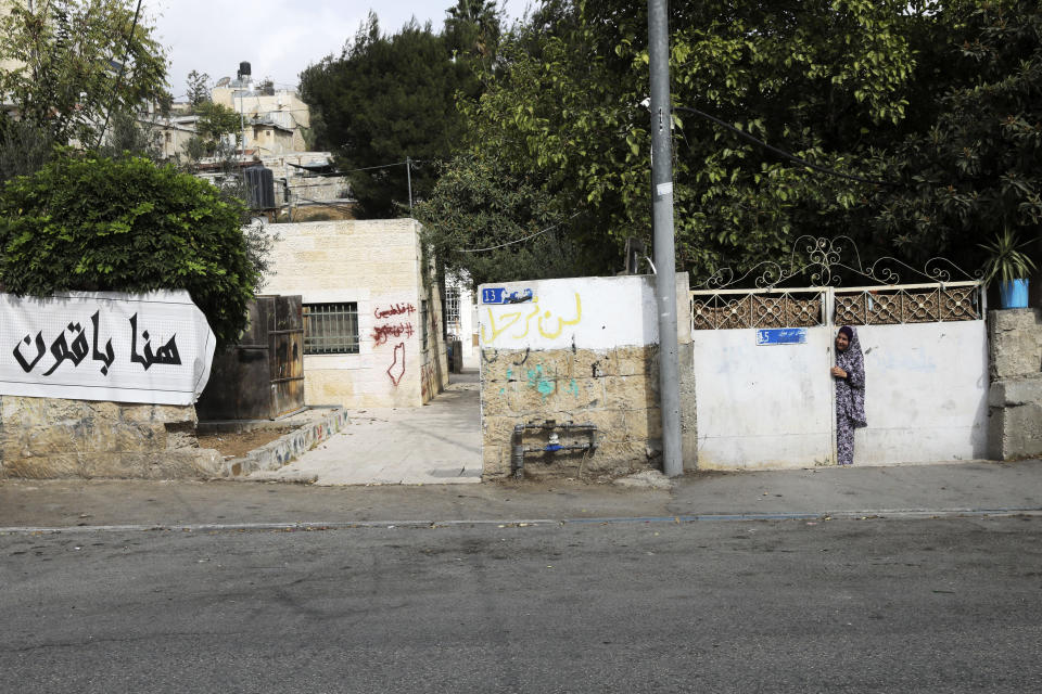 A Palestinian resident of the Sheikh Jarrah neighborhood of east Jerusalem is shown, Tuesday, Nov. 2, 2021. Palestinian families in the tense neighborhood of Jerusalem have rejected an offer that would have delayed their eviction by Jewish settlers. In a statement on Tuesday, the four families said their decision springs from "our belief in the justice of our cause and our right to our homes and our homeland." (AP Photo/Mahmoud Illean)