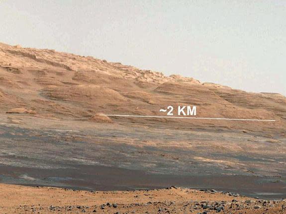 This image (cut out from a mosaic) shows the view from NASA's Mars rover Curiosity landing site toward the lower reaches of Mount Sharp, where the rover will likely start its ascent through hundreds of feet (meters) of layered deposits. Image