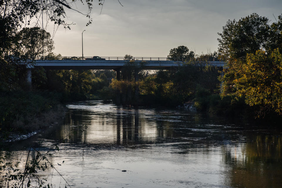 The Buffalo Bayou is seen under a highway in Houston. 