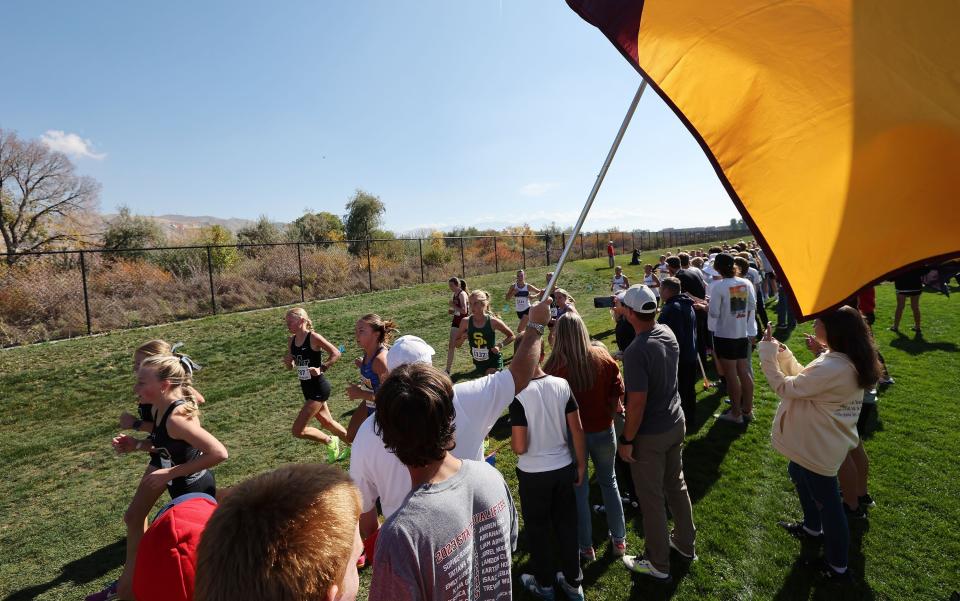 Action from the 4A girls cross-country state championship race at the Regional Athletic Complex in Rose Park on Tuesday, Oct. 24, 2023. | Jeffrey D. Allred, Deseret News