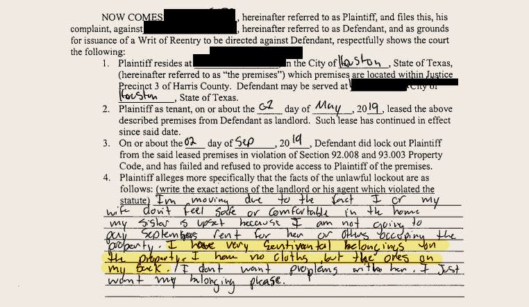 A plaintiff's complaint from the Harris County Justice Court