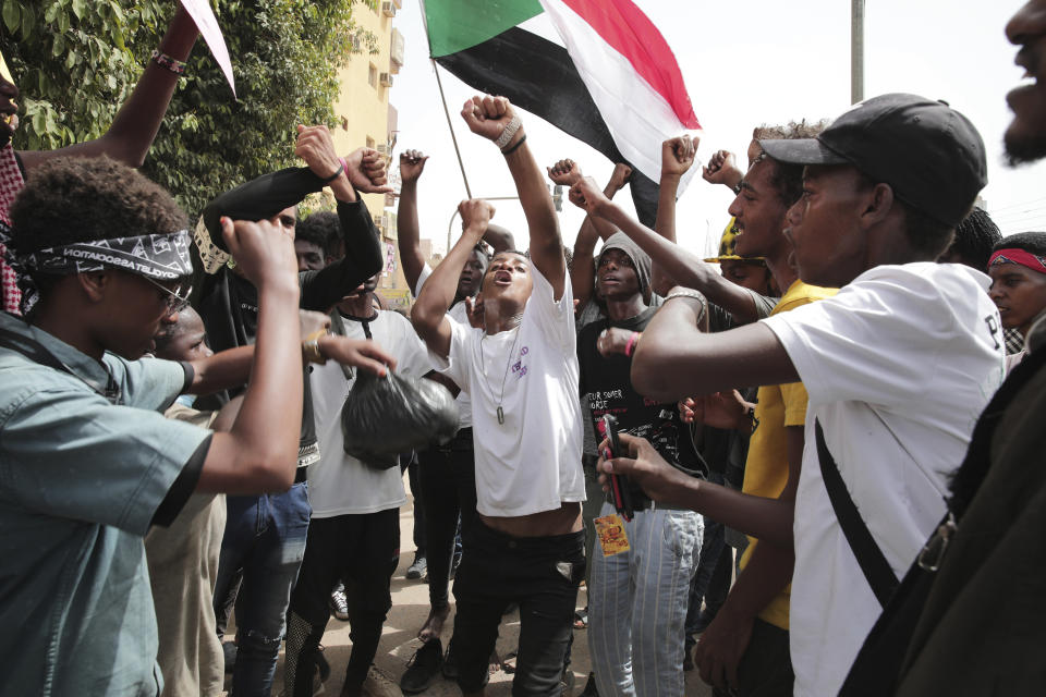 FILE - Sudanese anti-military protesters took to the street against last year's coup demanding an immediate transfer of power to civilians, in Khartoum, Sudan, Sept. 29, 2022. A year after a military takeover upended Sudan’s transition to democracy on Oct. 25, 2021, growing divisions between the two powerful branches of the armed forces are further endangering Sudan’s future. (AP Photo/Marwan Ali, File)