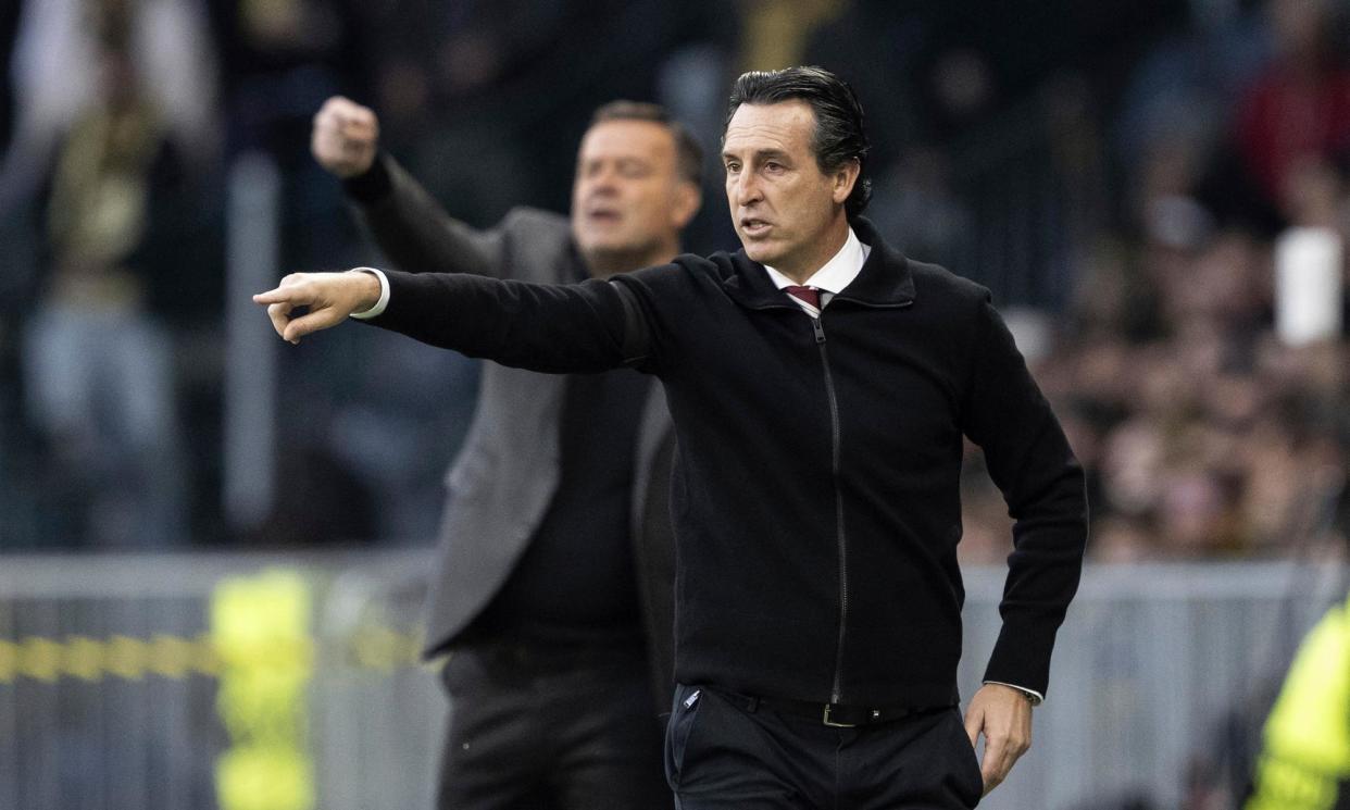 <span>Unai Emery points the way ahead for Aston Villa during their 3-0 victory over Young Boys in Switzerland.</span><span>Photograph: Peter Schneider/AP</span>