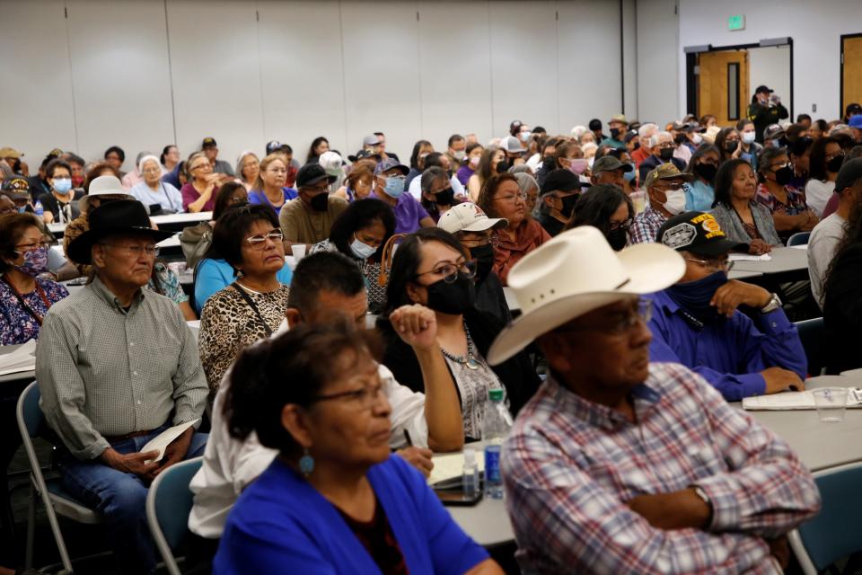 Members of the audience listen to comments about veterans issues from Navajo Nation presidential candidates during the forum on June 3 at San Juan College in Farmington.