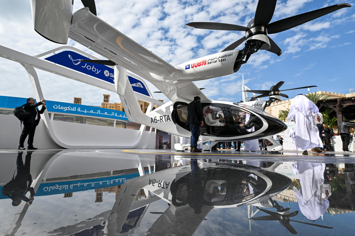 A pre-production prototype of the Joby Aviation S4 aircraft is displayed during the World Governments Summit in Dubai on February 12, 2024. (Photo by RYAN LIM / AFP) (Photo by RYAN LIM/AFP via Getty Images)