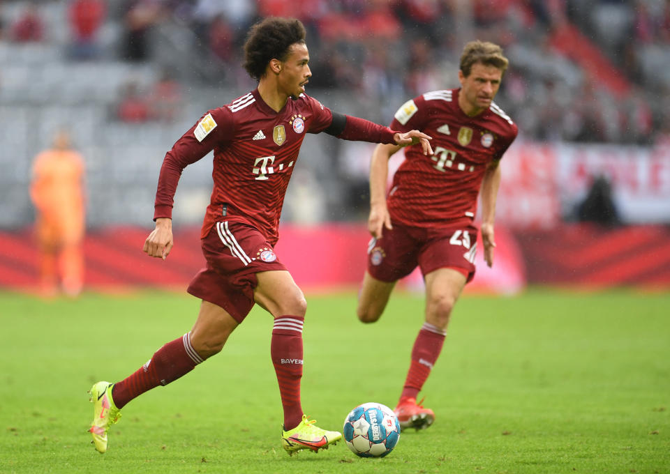 Soccer Football - Bundesliga - Bayern Munich v FC Cologne - Allianz Arena, Munich, Germany - August 22, 2021   Bayern Munich's Leroy Sane and Thomas Muller in action REUTERS/Andreas Gebert DFL regulations prohibit any use of photographs as image sequences and/or quasi-video.