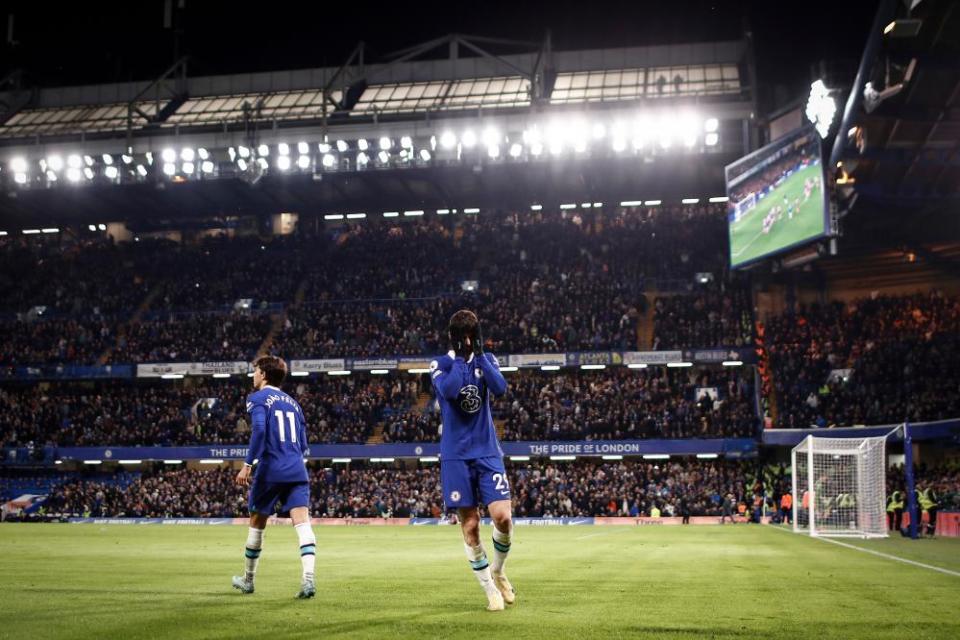 Kai Havertz reacts after scoring Chelsea’s second goal in the draw with Everton.