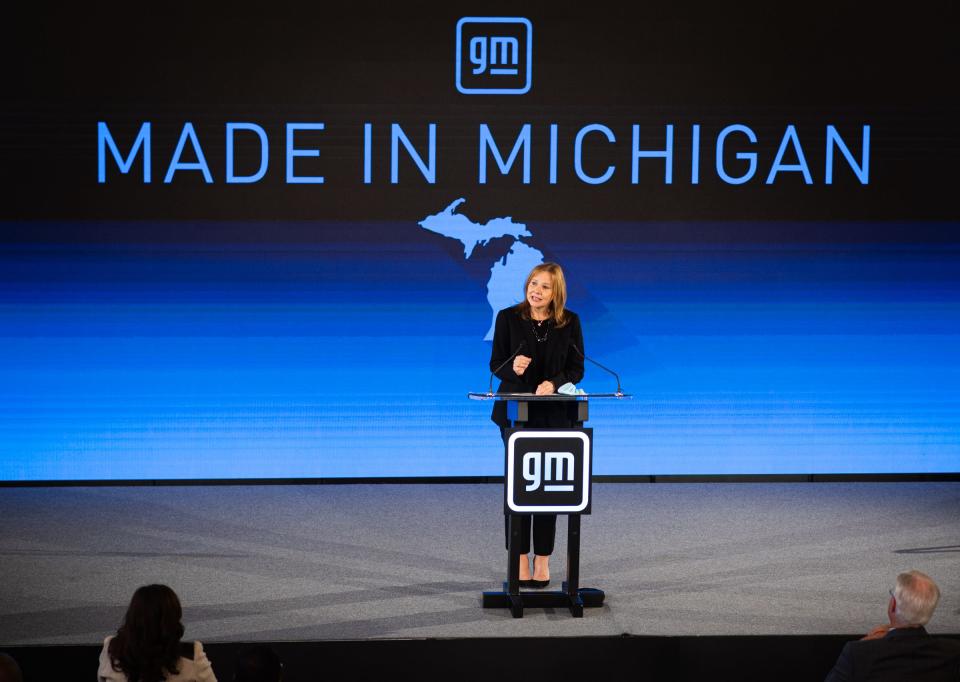 General Motors CEO Mary Barra speaks at a press conference in the Boji Senate Hearing Room in downtown Lansing Tuesday, Jan. 25, 2022, where GM and its partners made official announcement and comments on bringing a new $2.5 billion battery cell manufacturing facility to Lansing area.