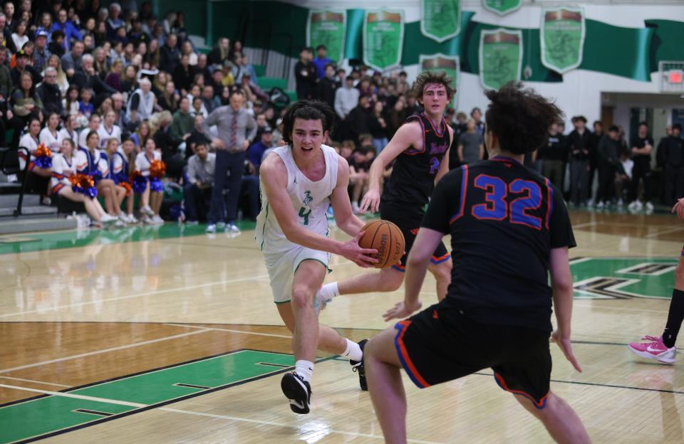 Thousand Oaks High's Elias Chin heads toward the basket during the Lancers' 72-59 win over visiting Westlake in a Marmonte League showdown on Friday, Jan. 12, 2024. Chin scored 29 points.
