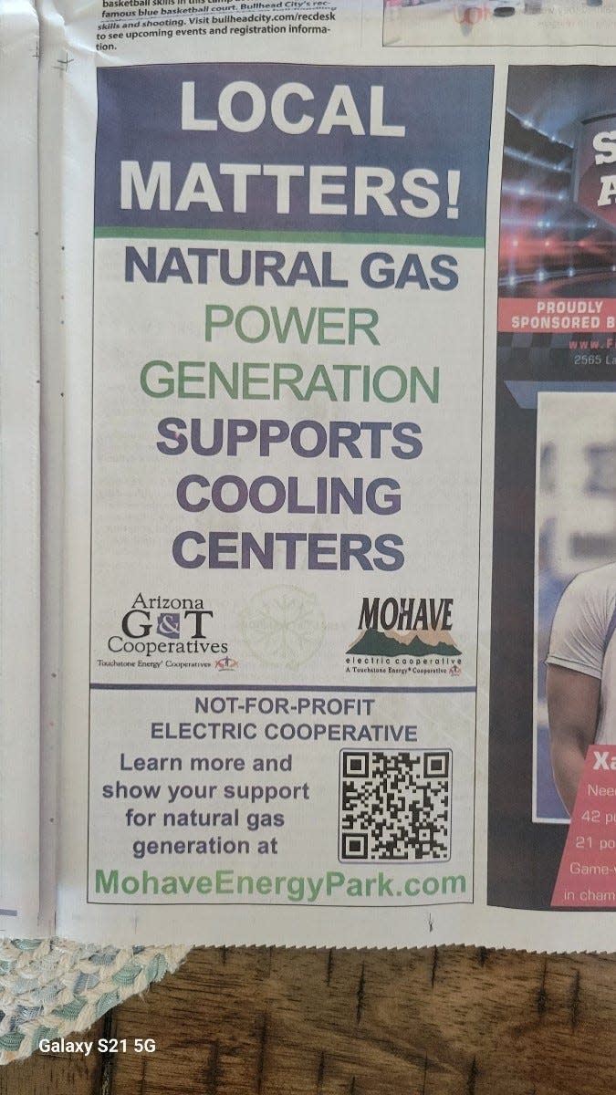 A local newspaper ad in March 2024 claims that cooling centers in Mohave County rely on electricity generation from natural gas.