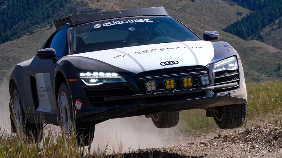 A modified Audi R8 mid-air