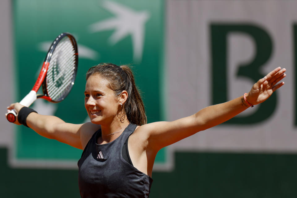 Russia's Daria Kasatkina celebrates after beating Peyton Stearns of the U.S. during their third round match of the French Open tennis tournament at the Roland Garros stadium in Paris, Friday, June 2, 2023. (AP Photo/Jean-Francois Badias)