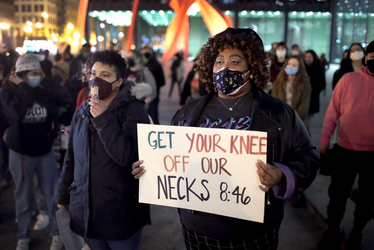 Demonstrators gather downtown on what was scheduled to be the first day of jury selection in the trial of Derek Chauvin, the former Minneapolis police officer charged in the killing of George Floyd, on March 8, 2021, in Chicago, Illinois. Jury selection was delayed as the court waits for a ruling on whether a third-degree murder charge will be included in the charges against Chauvin.