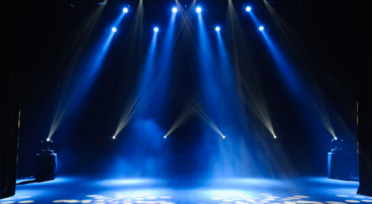 Free stage with lights, lighting devices. Gloomy entertainment stocks