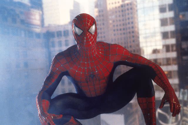 <p>Columbia/Marvel/Kobal/Shutterstock</p> Tobey Maguire as Spider-Man in 2002's 'Spider-Man.'