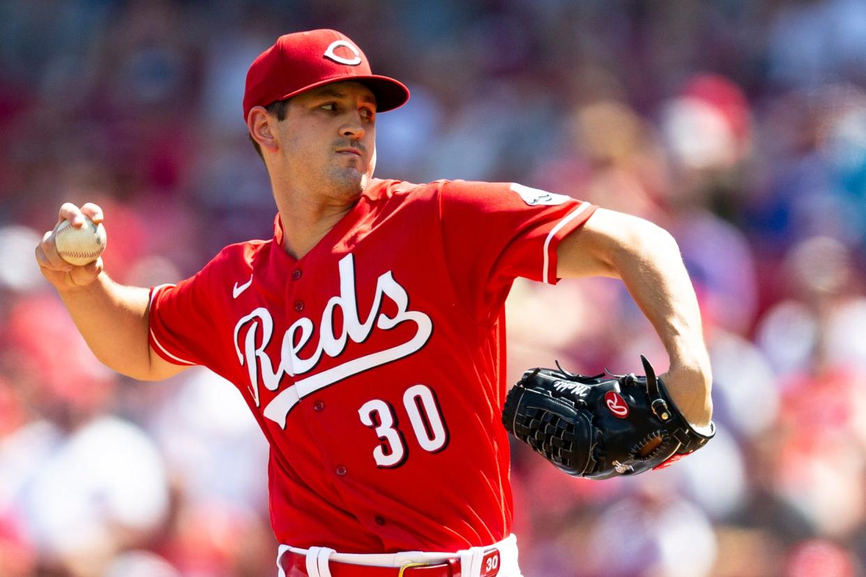 Cincinnati Reds starting pitcher Tyler Mahle (30) pitches in the first inning of the MLB game between the Cincinnati Reds and the Atlanta Braves at Great American Ball Park in Cincinnati on Saturday, July 2, 2022.