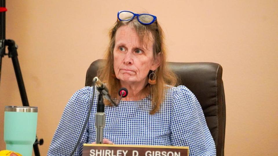 Oceano Community Services District Vice President Shirley Gibson listens to public comment during a board meeting on Oct. 25, 2023. The Wednesday meeting featured the retirement of general manager Will Clemens and frequently devolved into shouting matches.