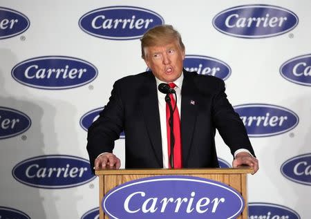 U.S. President-Elect Donald Trump speaks at event at Carrier HVAC plant in Indianapolis, Indiana, U.S., December 1, 2016. REUTERS/Chris Bergin