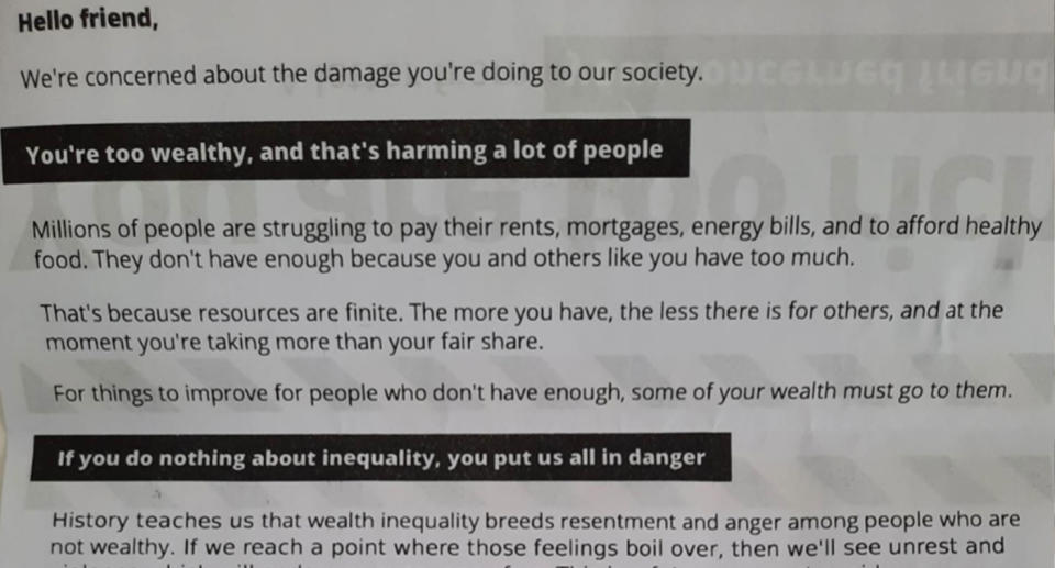 The letter telling residents they are 'too wealthy' and it's 'harming people'.