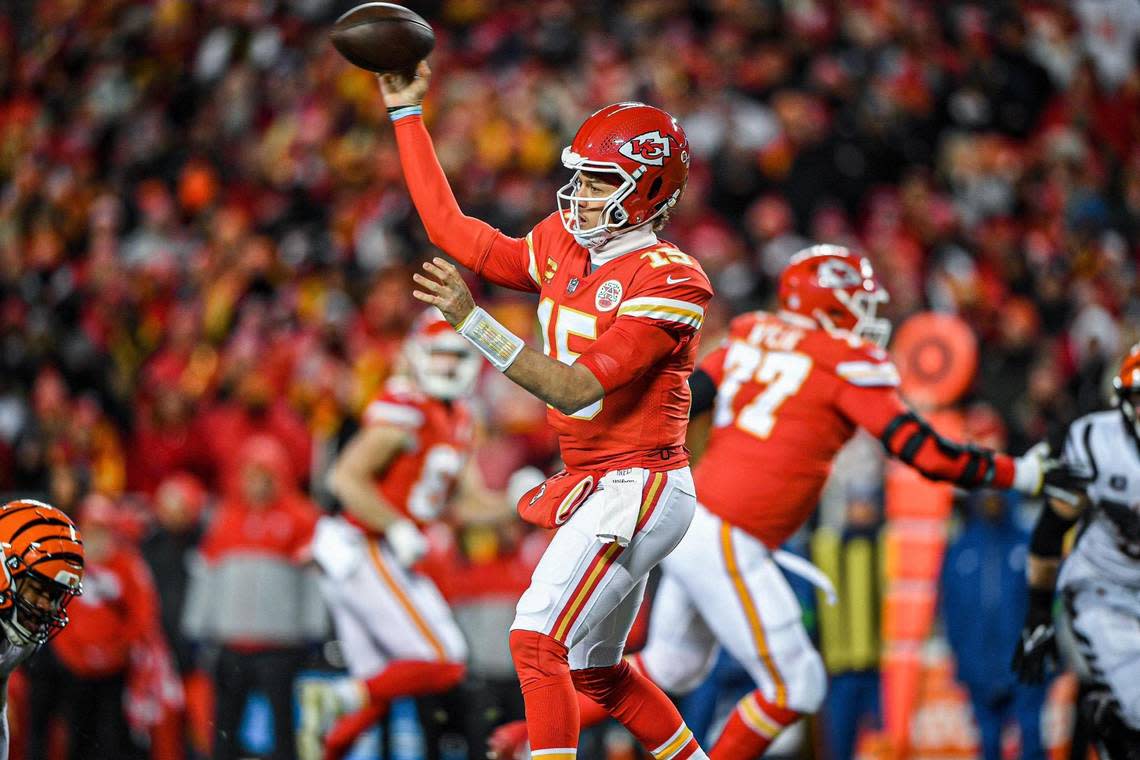 Kansas City Chiefs quarterback Patrick Mahomes throws in the first quarter against the Cincinnati Bengals during the AFC Championship Game Sunday, Jan. 29, 2023, at GEHA Field at Arrowhead Stadium.