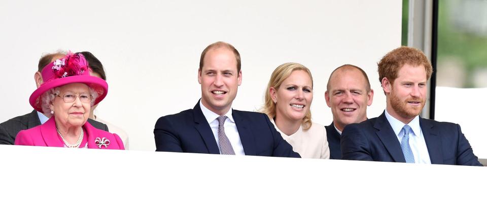 Queen Elizabeth II Prince William Duke Of Cambridge Prince Harry Zara Phillips Mike Tindall Princess Anne Princess Beatrice The Patrons Lunch 2016 during celebrations for the Queens 90th Birthday The Mall London