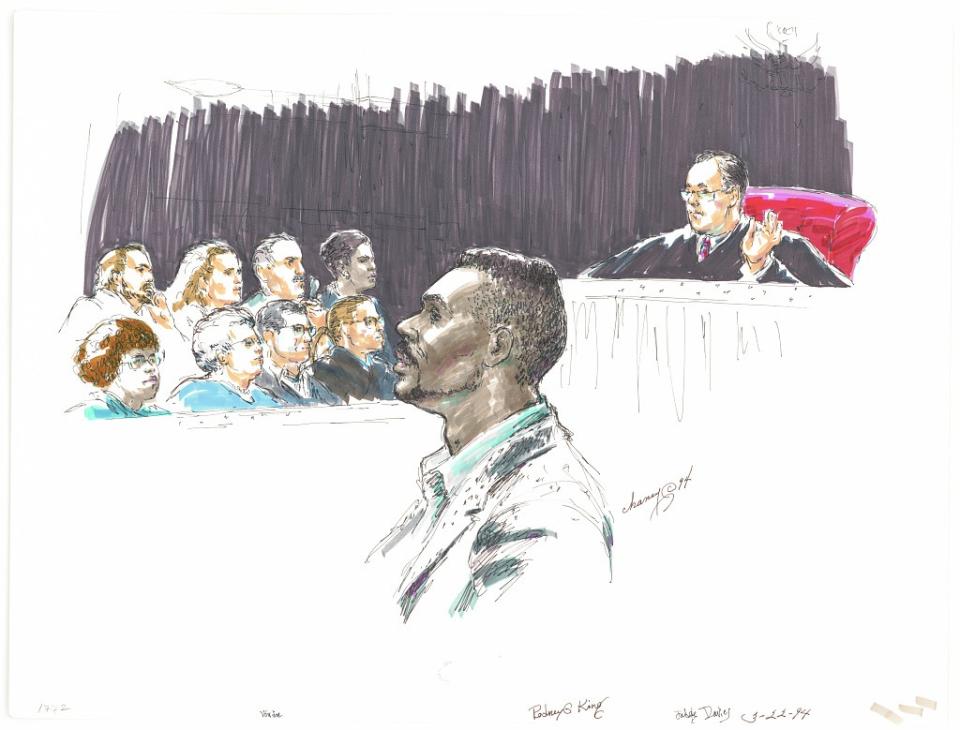 A courtroom drawing from the Rodney King trial.