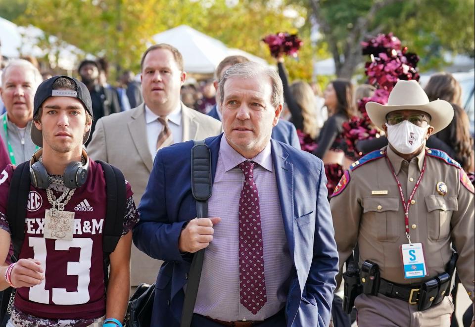 Nov 5, 2022; College Station, Texas; Texas A&M Aggies head coach Jimbo Fisher arrives before the game between the Texas A&M Aggies and Florida Gators at Kyle Field. Daniel Dunn-USA TODAY Sports