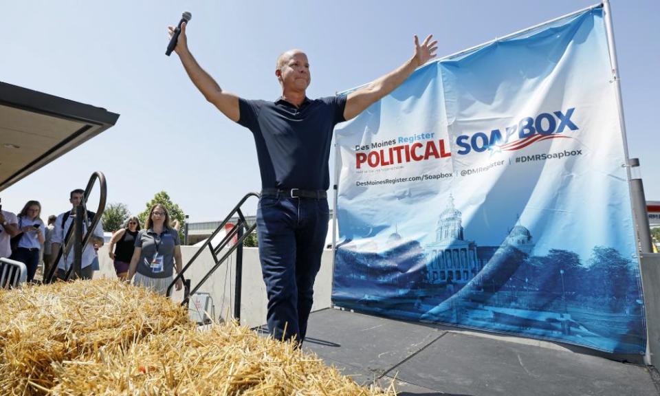 Delaney gestures at the end of his speech during a visit to the Iowa state fair in Des Moines earlier this month.