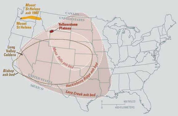 Eruptions of the Yellowstone volcanic system have included the two largest volcanic eruptions in North America in the past few million years; the third largest was at Long Valley in California and produced the Bishop ash bed. The biggest of the