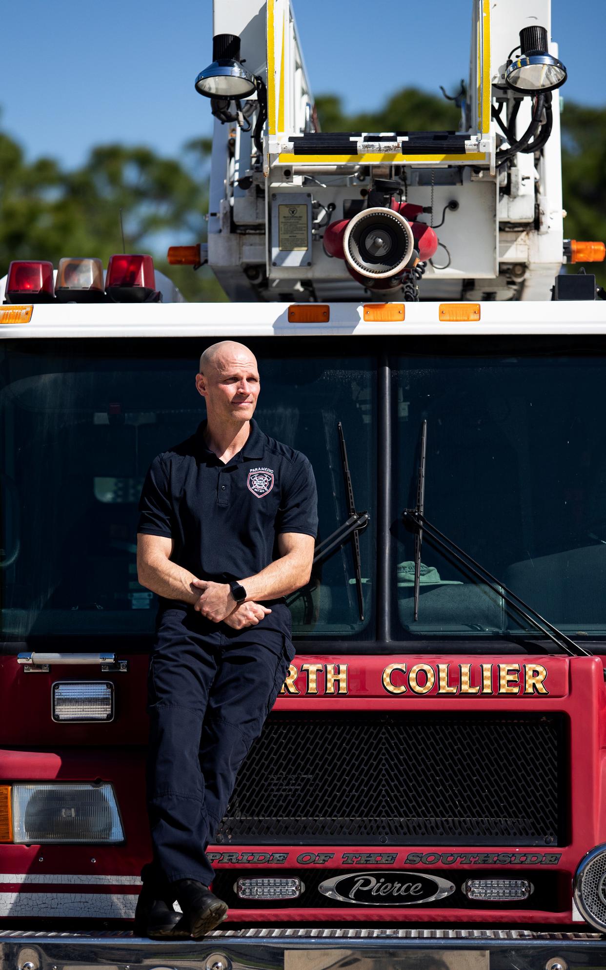 David Perez, an Engineer/Paramedic for the North Collier Fire Department stands for a portrait at the headquarters in Naples on Tuesday, March 12, 2024. Since 2020, Perez has been diagnosed with two forms of cancer, multiple myeloma and mantle cell lymphoma. The diagnoses are on the list cancers that are associated with being a firefighter according a bill that Gov. Ron DeSantis signed into law in 2019. He became in cancer free in Sept. 2023. He attributes his recovery with a healthy mindset, a strict exercise regime, a healthy diet and the use of a sauna along with traditional cancer treatments. He is currently not actively fighting fires, but is educating colleagues on cancer safety.