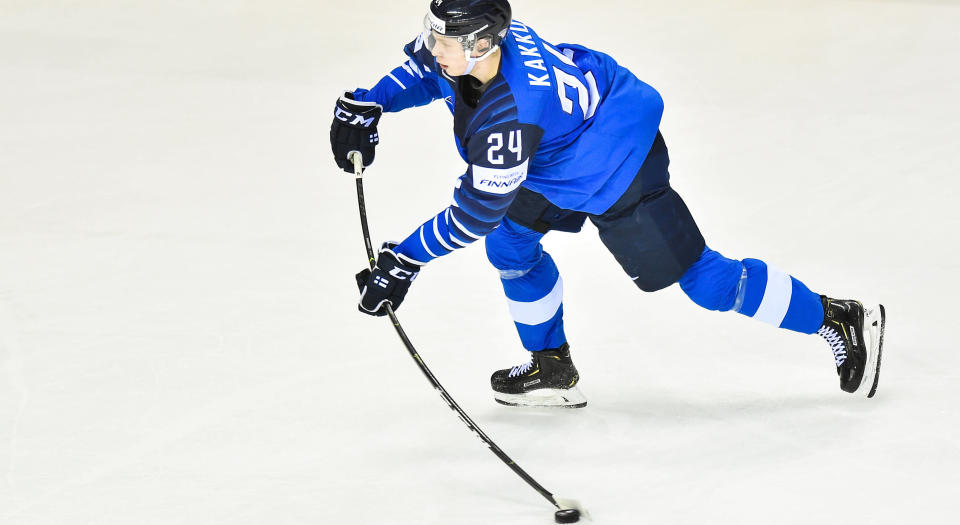 Kaapo Kakko #24 of Finland takes a shot on goal during the 2019 IIHF Ice Hockey World Championships. 