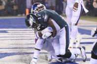 Philadelphia Eagles wide receiver Alshon Jeffery (17) catches a pass for a touchdown during the first half of the team's NFL football game against the New York Giants on Thursday, Oct. 11, 2018, in East Rutherford, N.J. (AP Photo/Bill Kostroun)