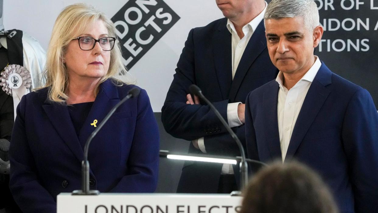 Susan Hall with Sadiq Khan on stage at City Hall declaration