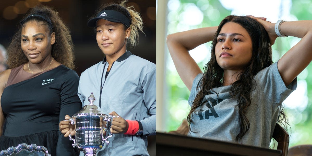 Serena Williams and Naomi Osaka, left, at the 2018 US Open. Zendaya, right, as Tashi Duncan in "Challengers."