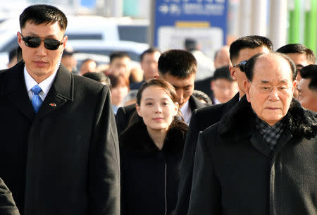 A North Korean delegation led by North Korean leader Kim Jong Un's younger sister Kim Yo Jong and president of the Presidium of the Supreme People's Assembly Kim Yong Nam leave the Incheon International Airport in South Korea to attend the Pyeongchang Winter Olympic Games, in Incheon February 9, 2018. Yonhap via REUTERS