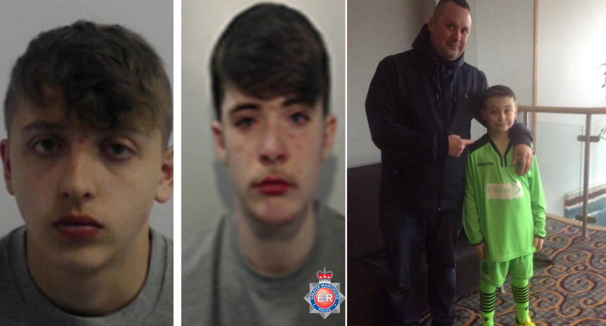 James White, left, and Mark Nuttall, second from left, have been jailed for killing Reece Tansey, far right, pictured with his father, Ian Nice, second from right. (SWNS)