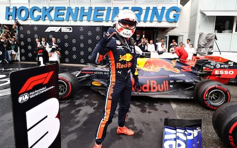 Race winner Max Verstappen of Netherlands and Red Bull Racing celebrates in parc ferme during the F1 Grand Prix of Germany at Hockenheimring on July 28, 2019 in Hockenheim, Germany - Credit: Getty Images Europe