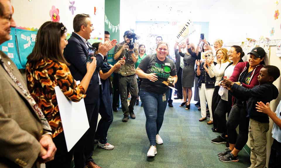 Joni Pelletier, a teacher of ESE autism spectrum disorder at Treeline Elementary in Fort Myers was awarded the Golden Apple on Thursday, March 16, 2023.  