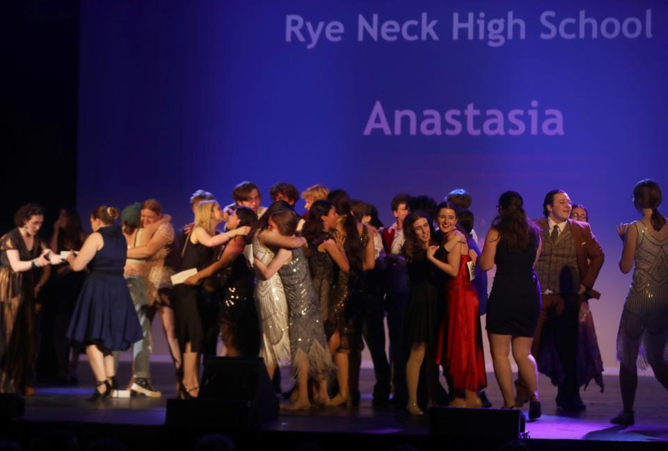 The cast and crew of Rye Neck High School production of Anastasia celebrate after winning the award for best overall production of a musical at the 2023 Metropolitan High School Theater Awards at the Tarrytown Music Hall June 12, 2023.