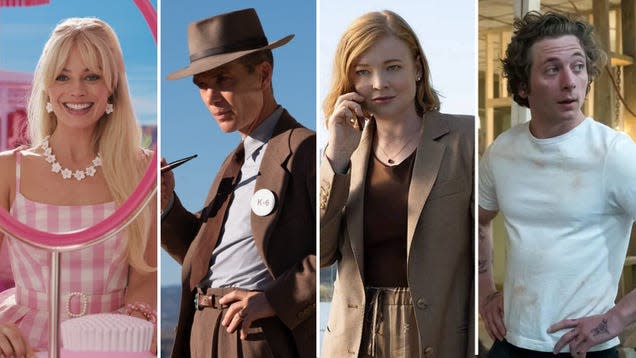 Margot Robbie in Barbie (courtesy Warner Bros.), Cillian Murphy in Oppenheimer (courtesy Universal Pictures), Sarah Snook in Succession (courtesy HBO), Jeremy Allen White in The Bear (courtesy FX Networks)