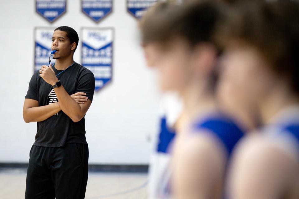 Head coach Andre Dawkins runs practice at Mount St. Mary High School in Oklahoma City, on Tuesday, Feb. 20, 2024.